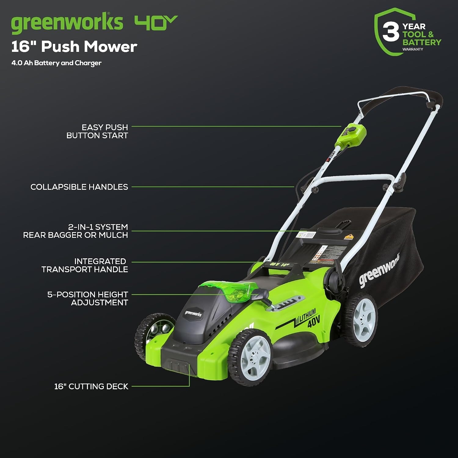 Greenworks 40V 16 Inch Cordless Push Mower Kit, detail view