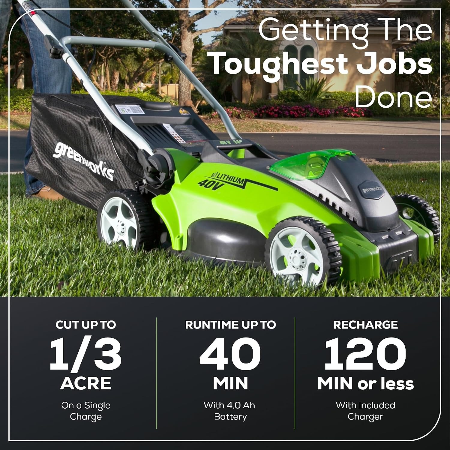 Greenworks 40V 16 Inch Cordless Push Mower Kit, detail view